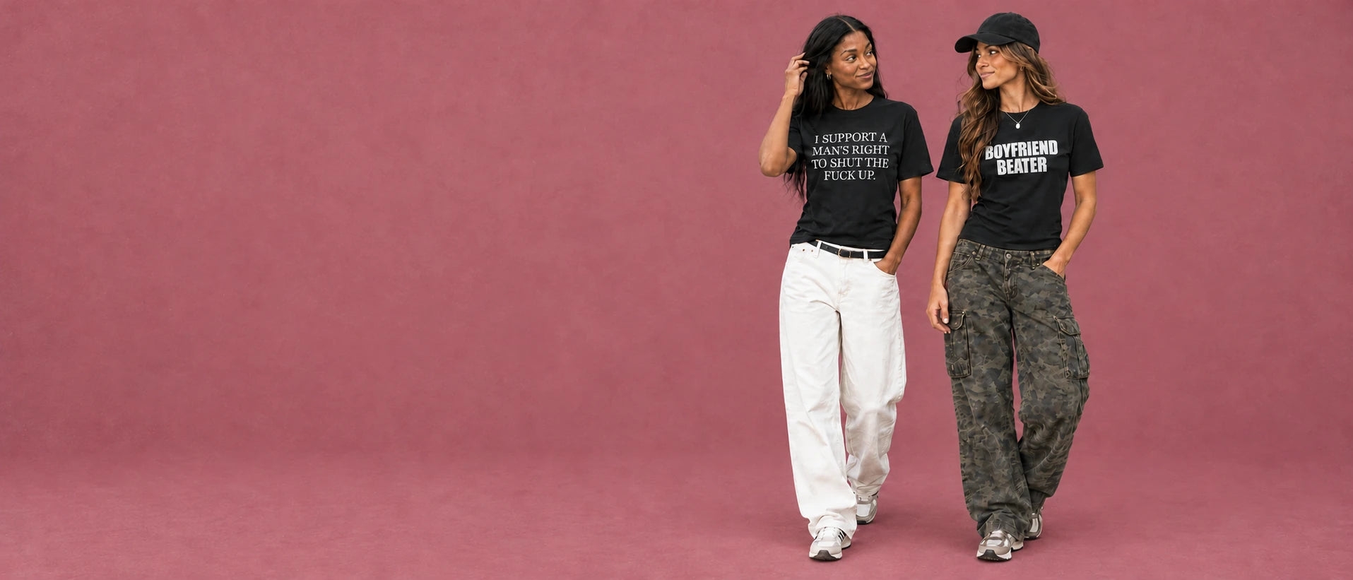 Two models wearing Delulu graphic tees