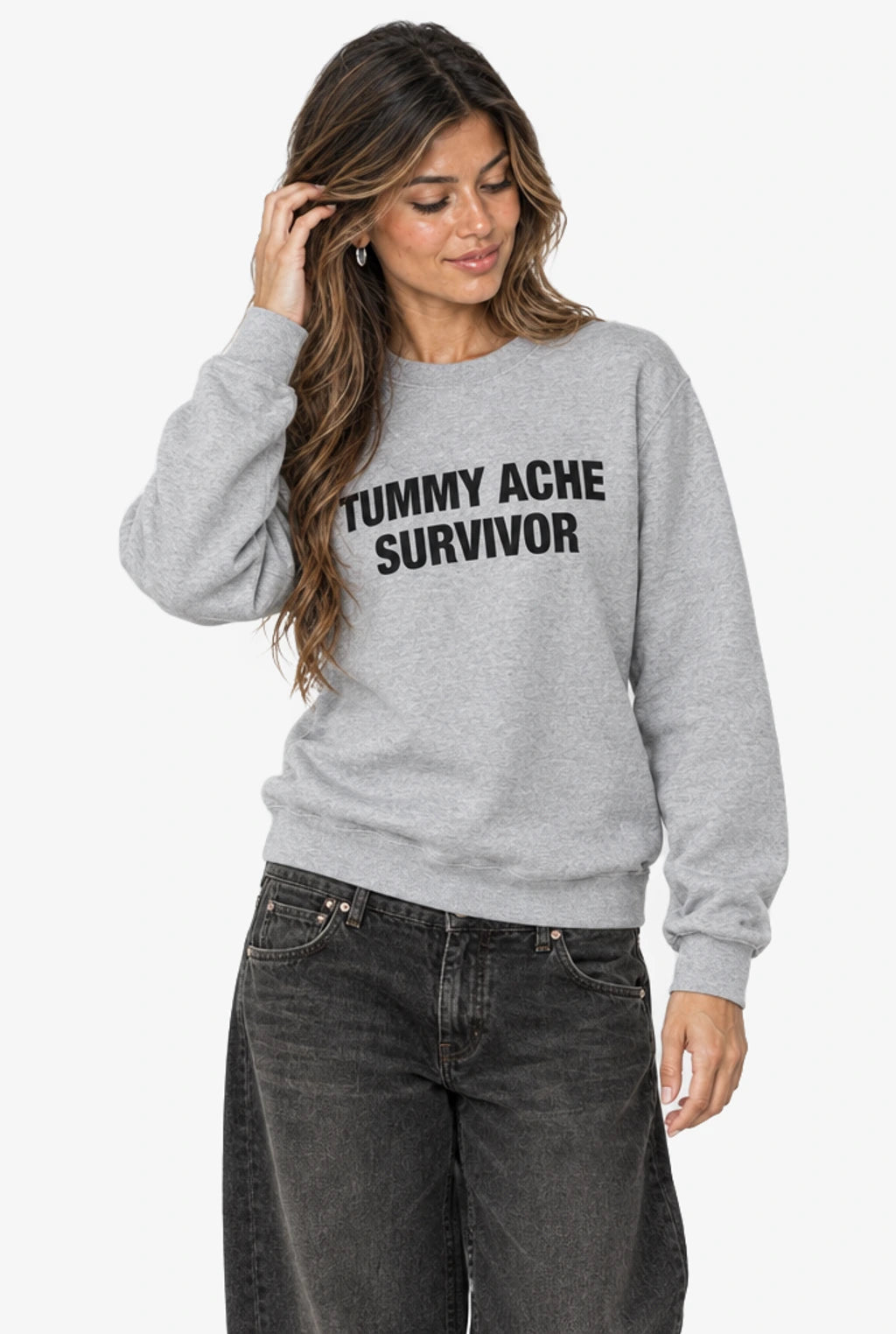 Tummy Ache Survivor Crewneck: Sport Grey on model