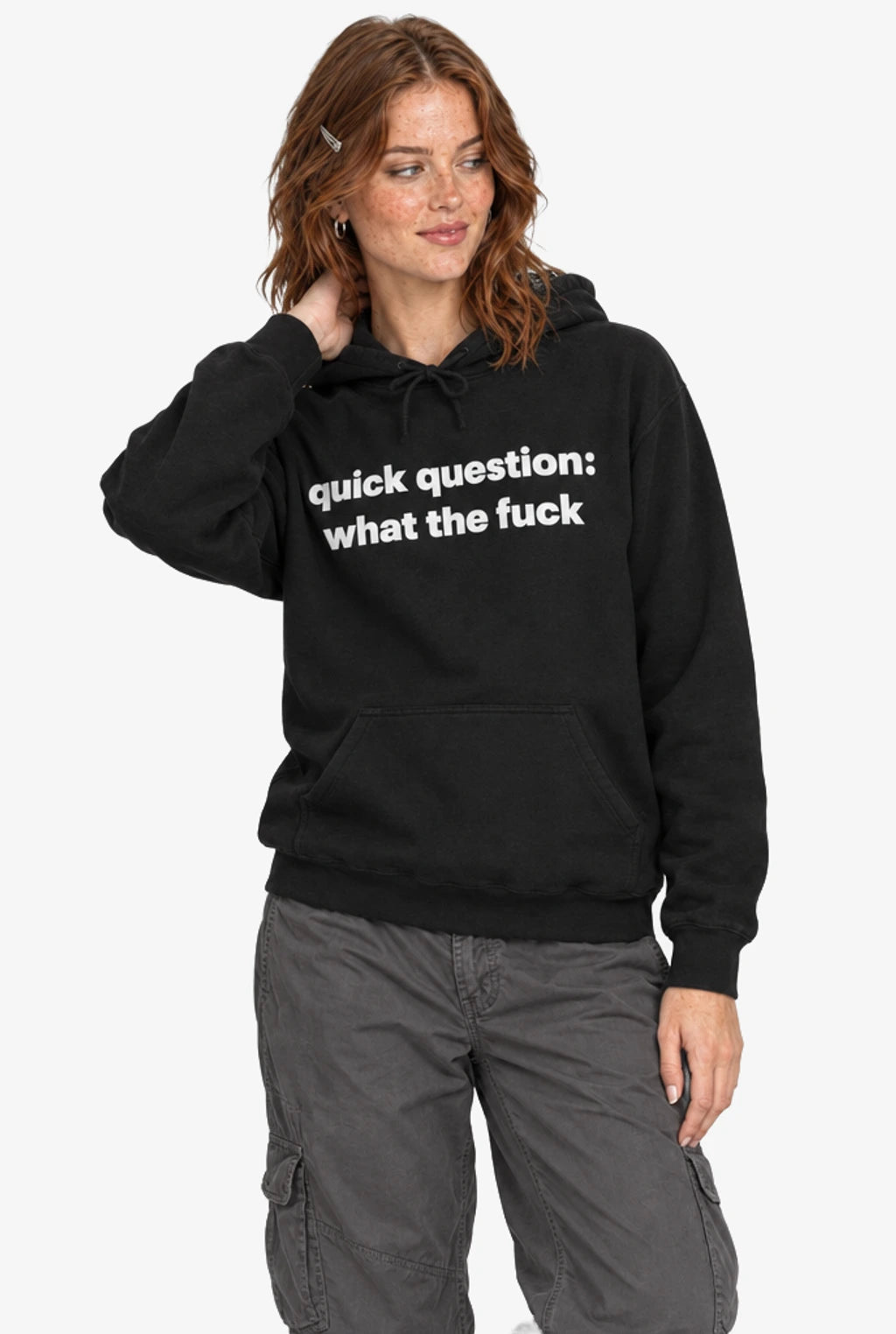 Quick Question What The Fuck Hoodie: Black on model