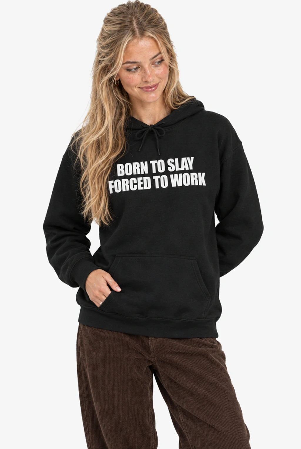 Born To Slay Forced To Work Hoodie: Black on model