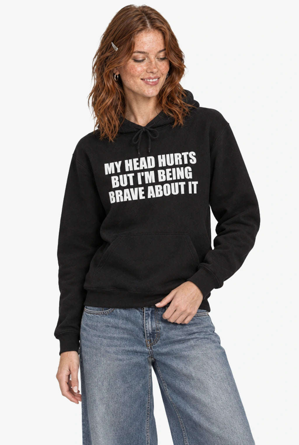 My Head Hurts But I’m Being Brave About It Hoodie: Black on model