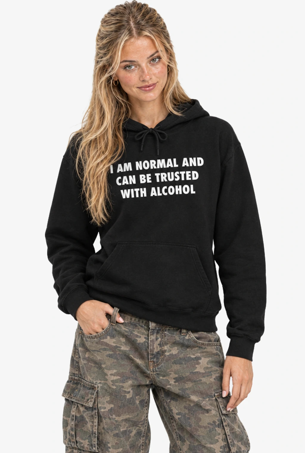 I Am Normal And Can Be Trusted With Alcohol Hoodie: Black on model
