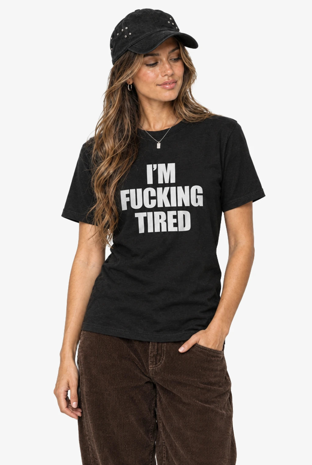 I'm Fucking Tired T-Shirt: Black on model