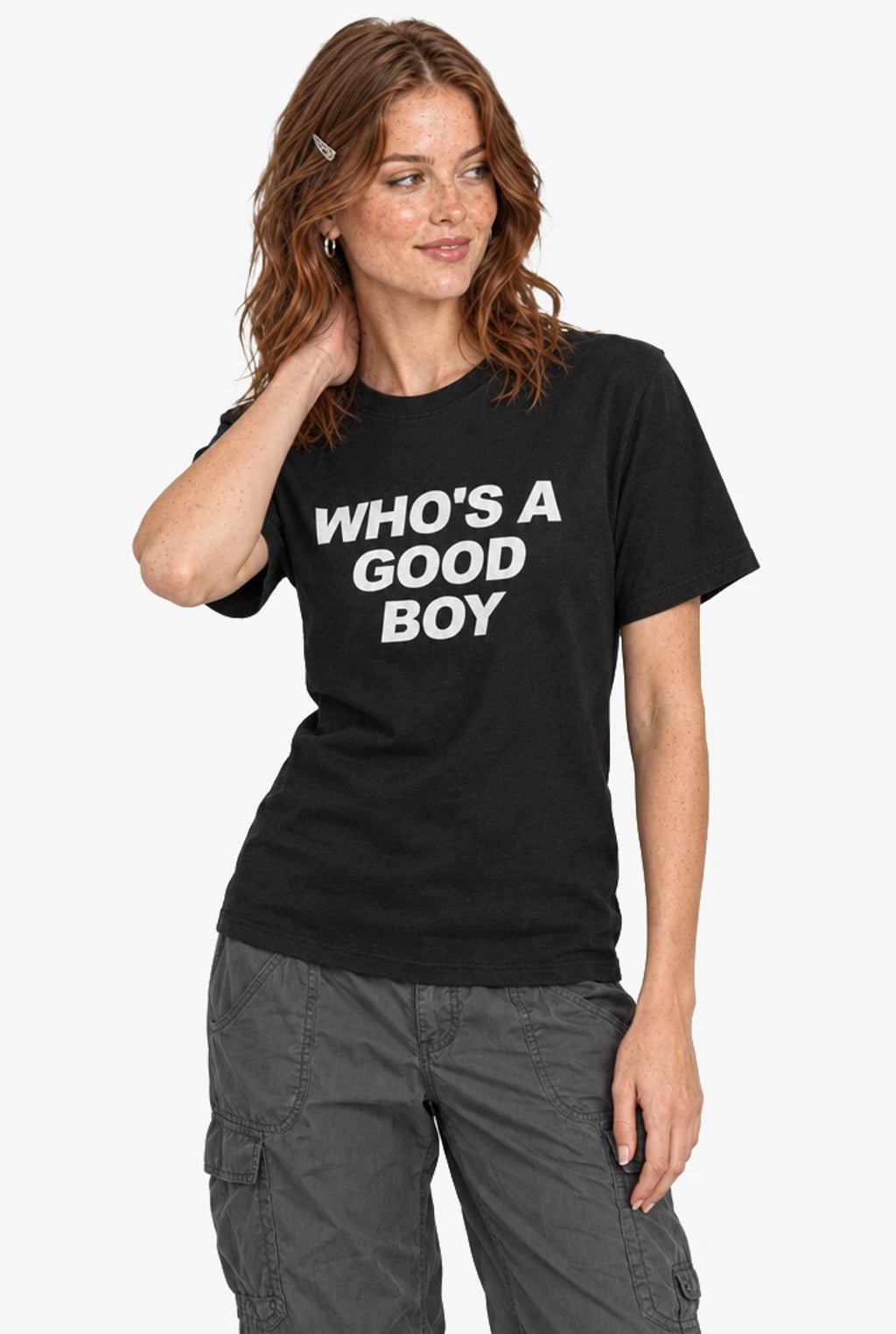 Who's A Good Boy T-Shirt. Styled model preview