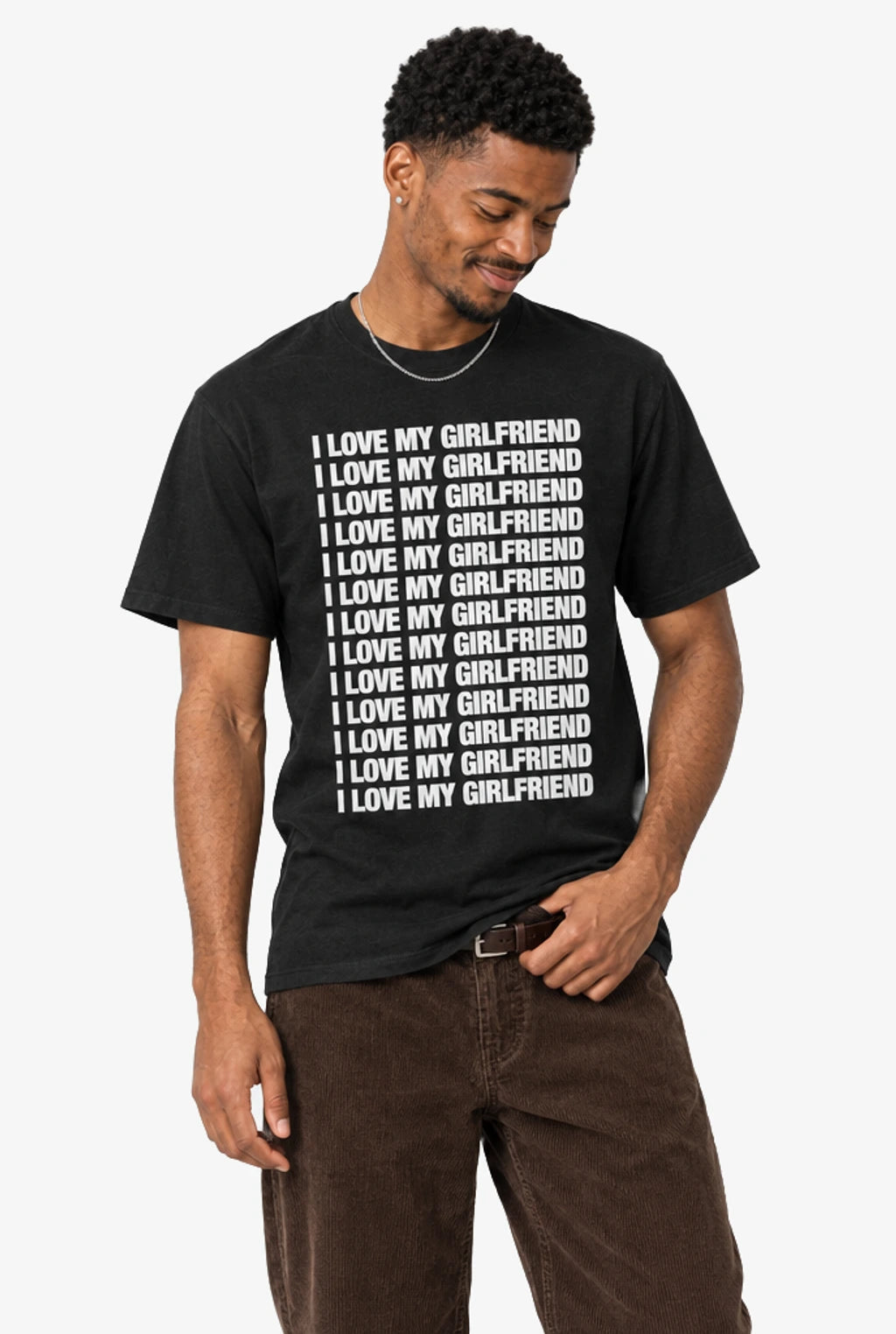 I Love My Girlfriend T-Shirt: Black on model