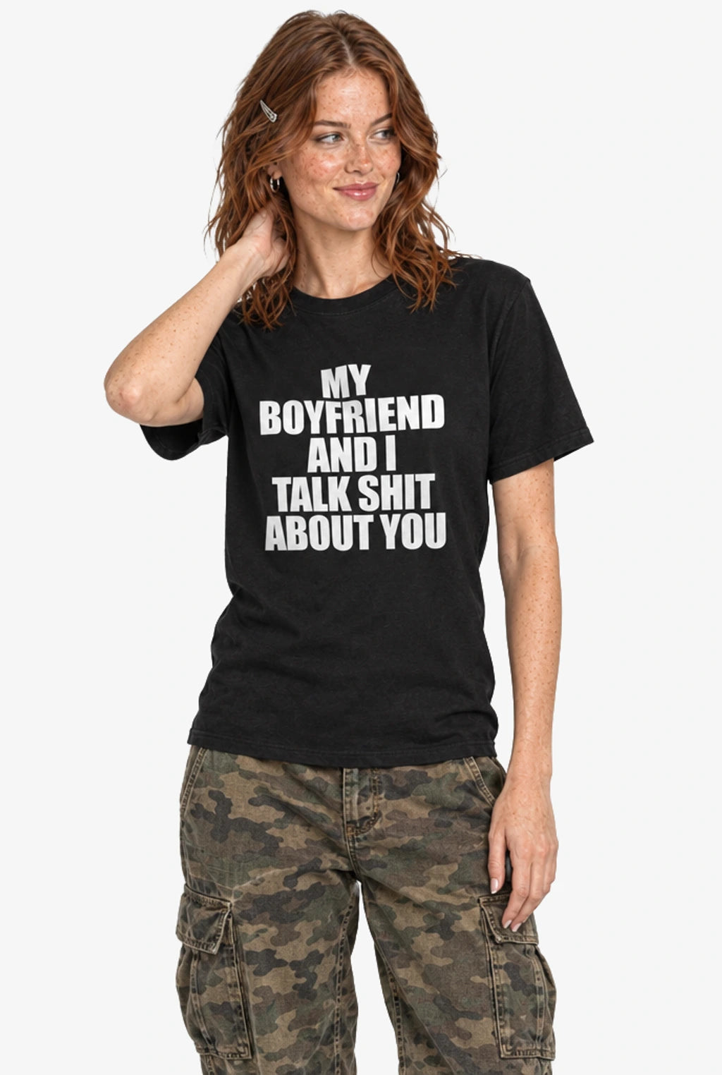 My Boyfriend And I Talk Shit About You T-Shirt: Black on model