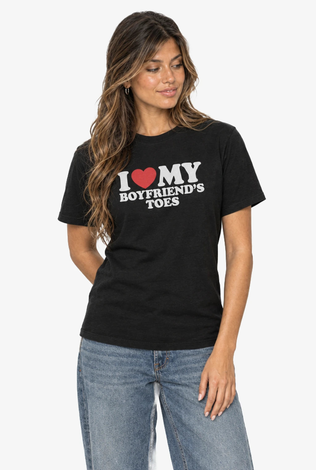 I Heart My Boyfriend's Toes T-Shirt: Black on model
