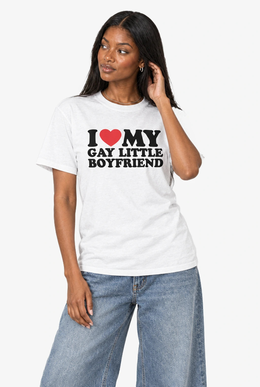 I Heart My Gay Little Boyfriend T-Shirt: White on model