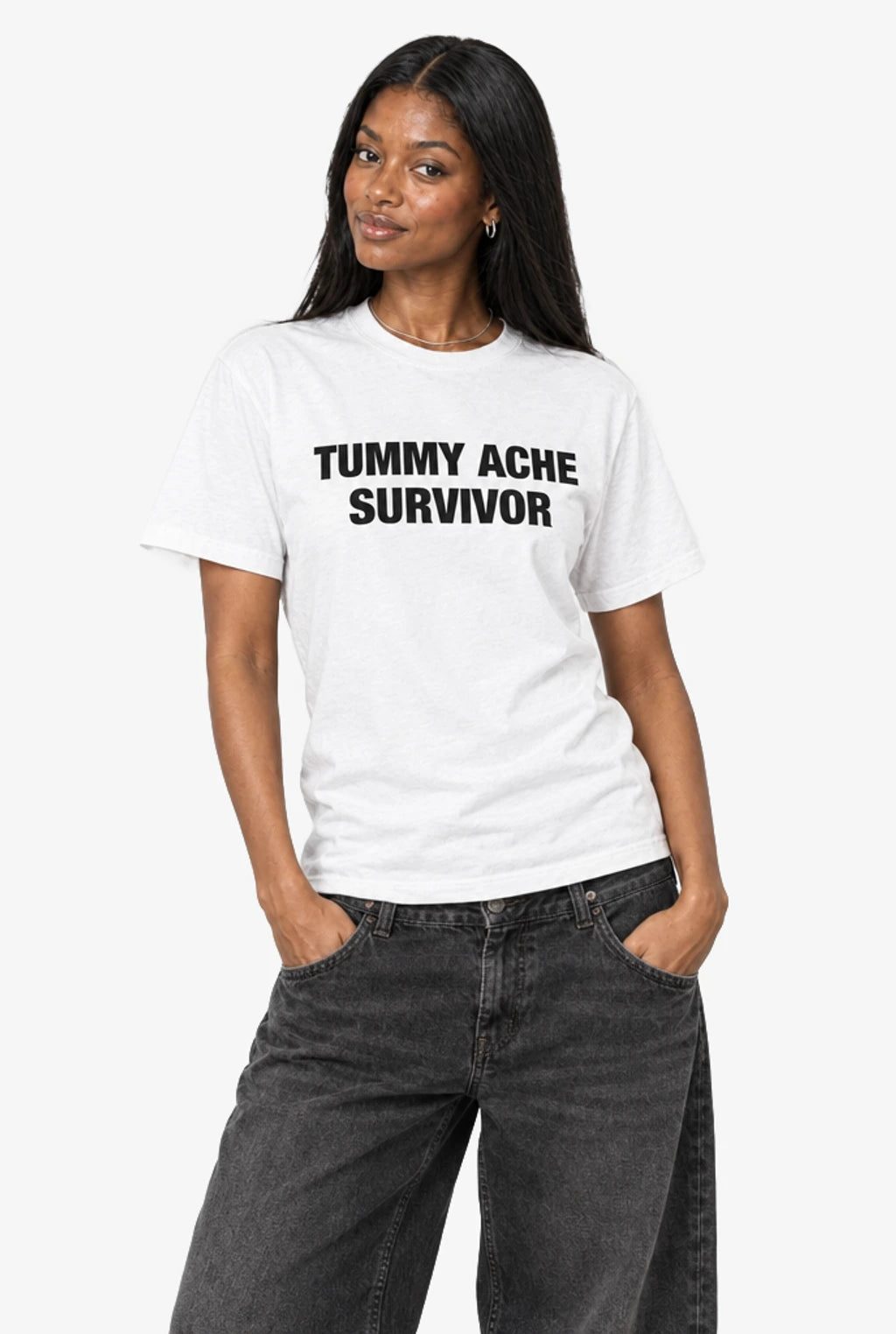 Tummy Ache Survivor T-Shirt: White on model