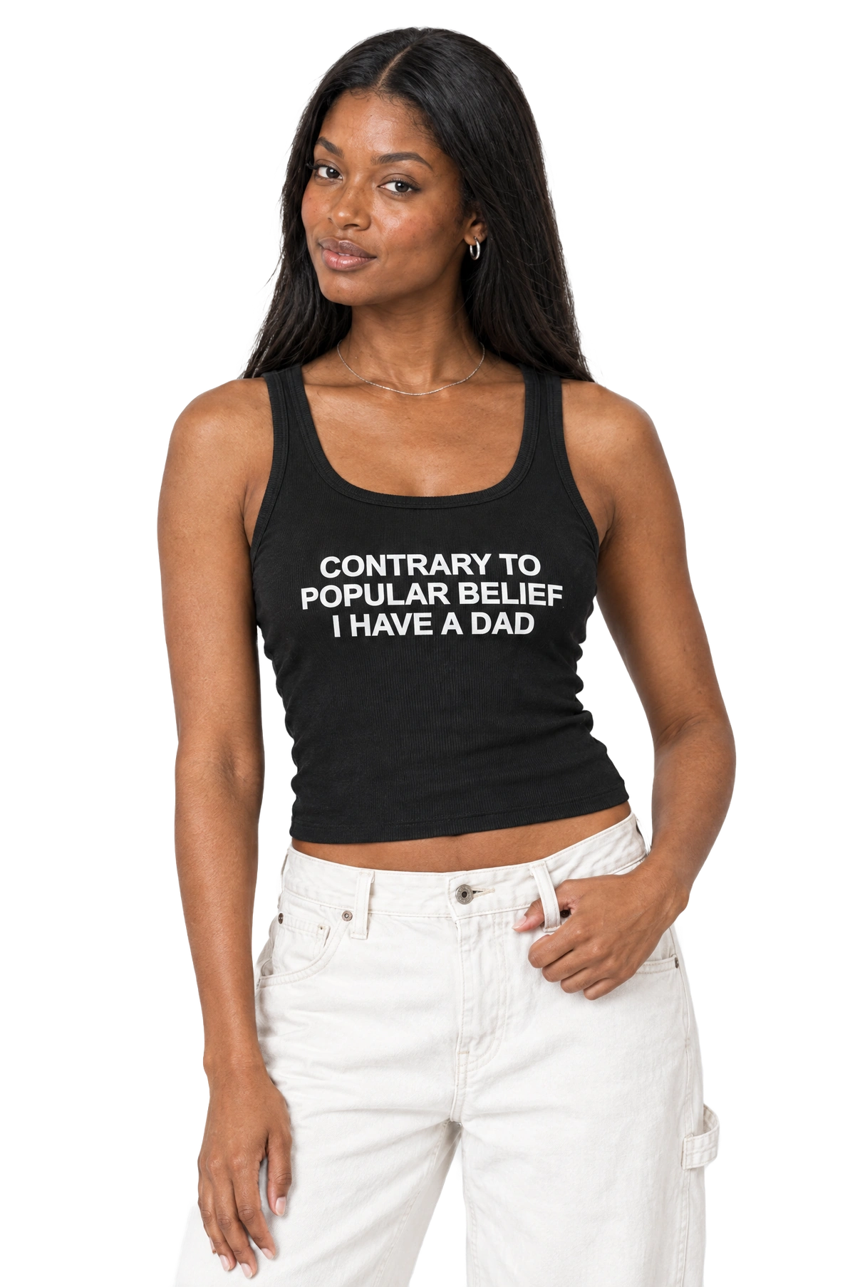 Contrary To Popular Belief I Have A Dad Ribbed Tank: Black on model