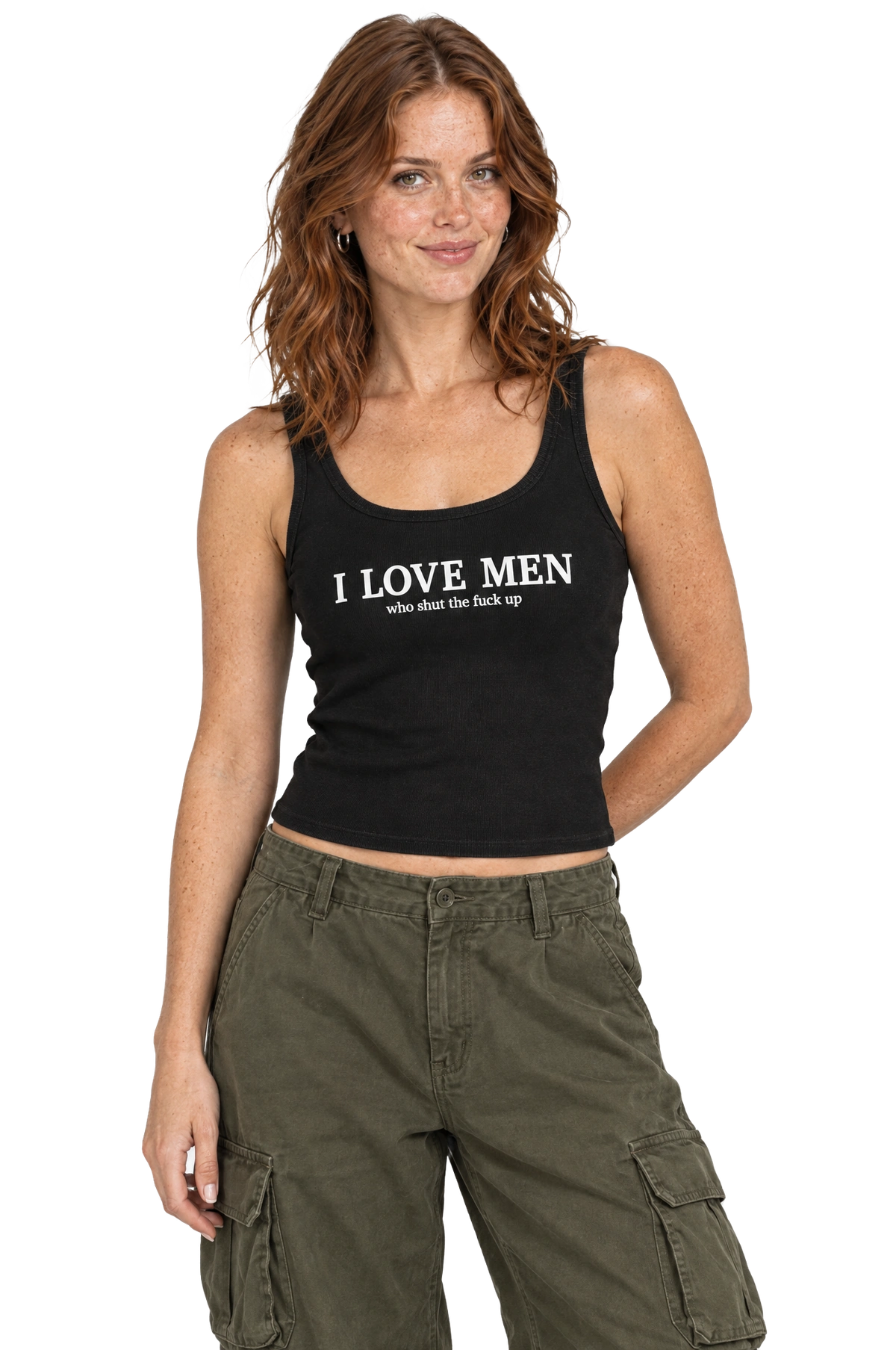 I Love Men Who Shut The Fuck Up Ribbed Tank: Black on model