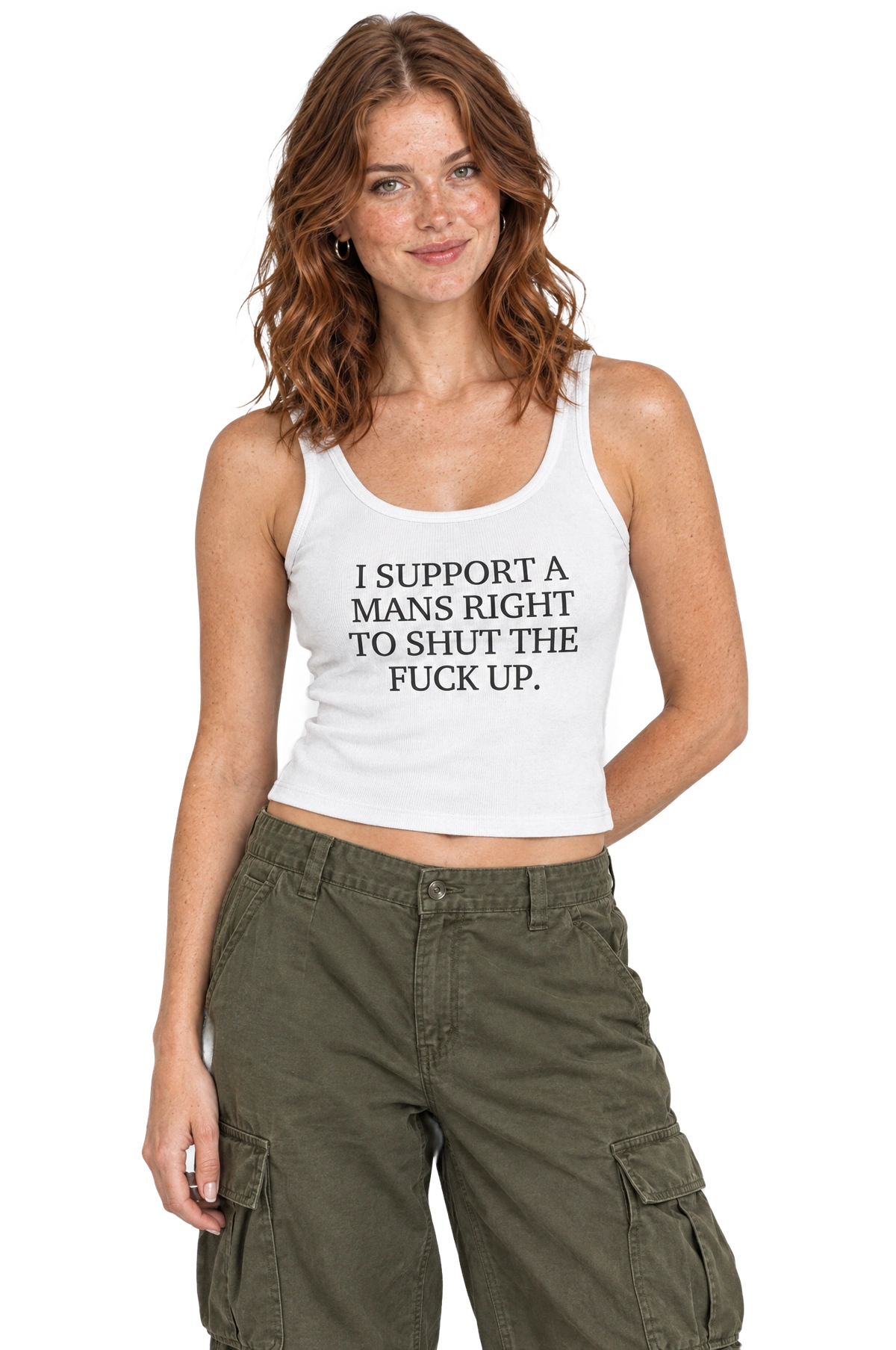 I Support A Mans Right To Shut The Fuck Up Ribbed Tank: White on model