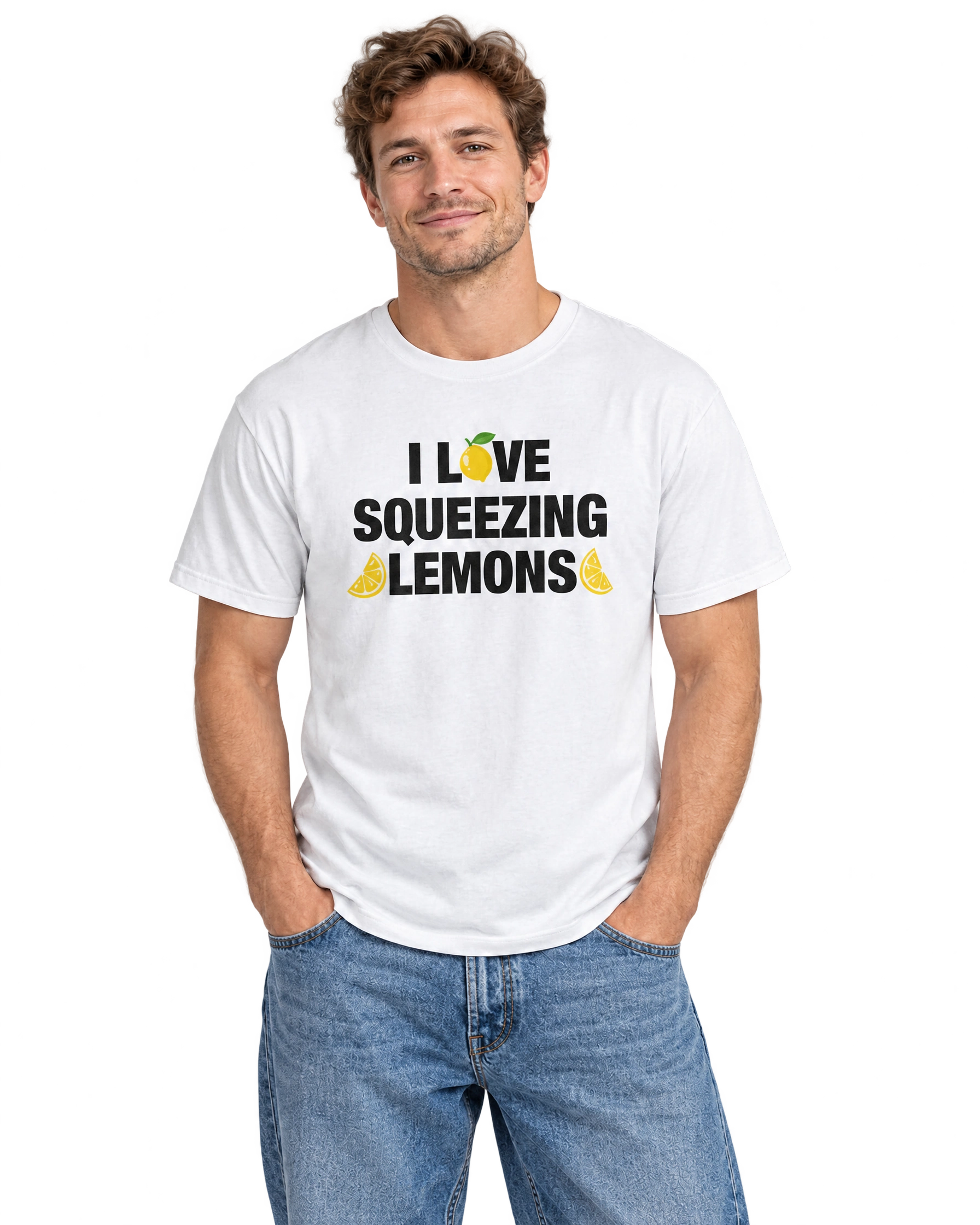 I Love Squeezing Lemons T-Shirt: White on model