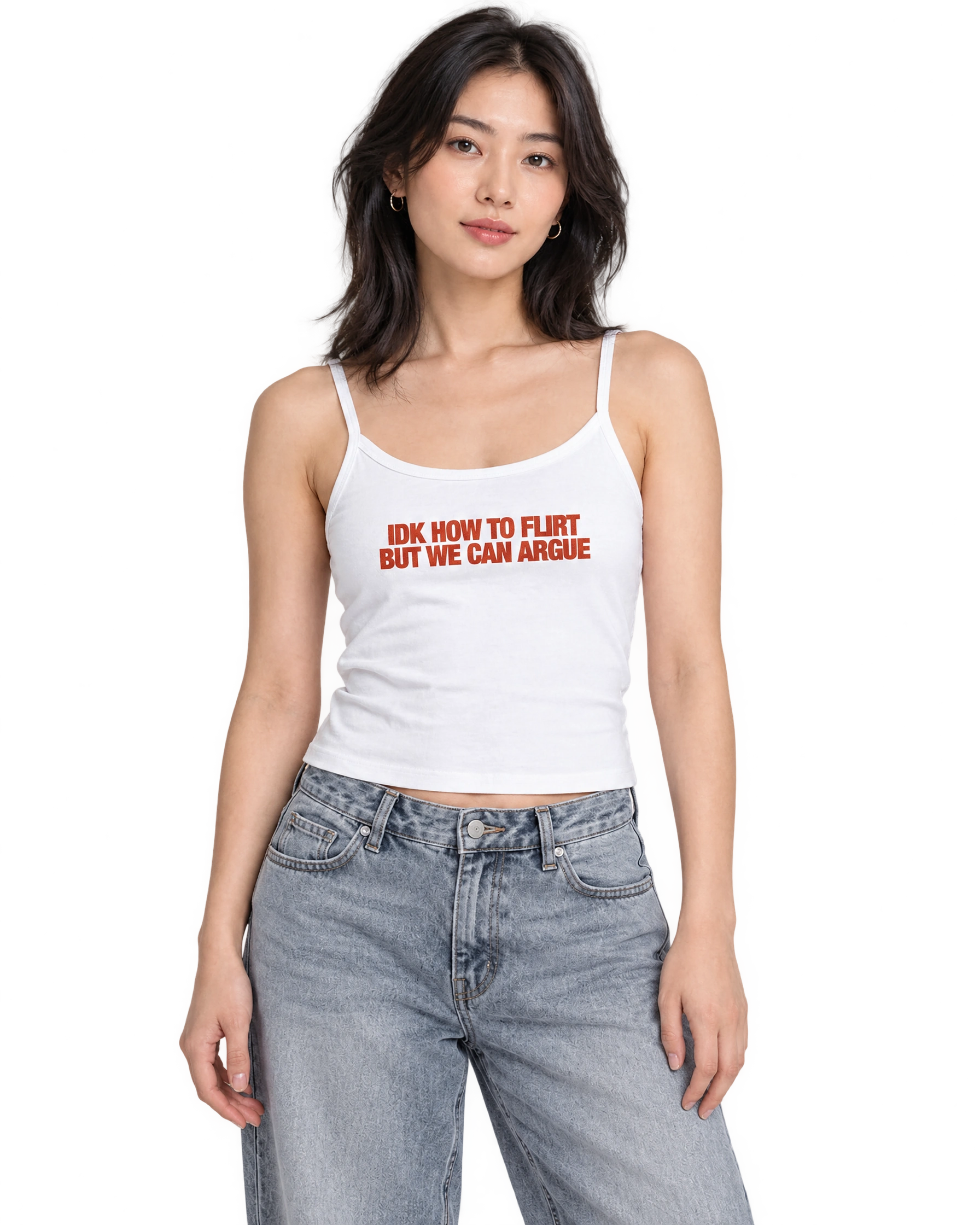IDK How To Flirt But We Can Argue Spaghetti Strap Cami: Solid White Blend on model