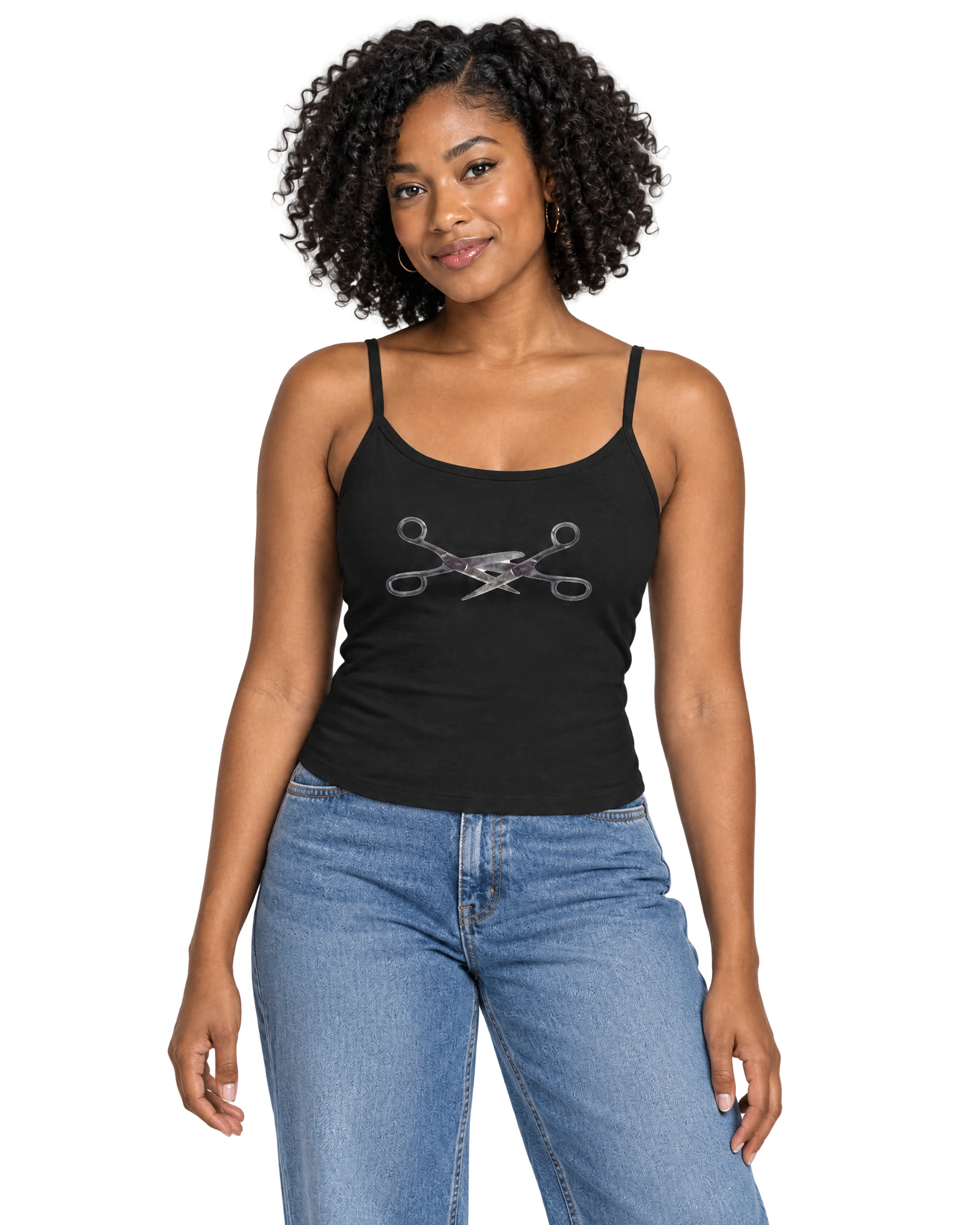 Scissoring Scissors Spaghetti Strap Cami: Solid Black Blend on model