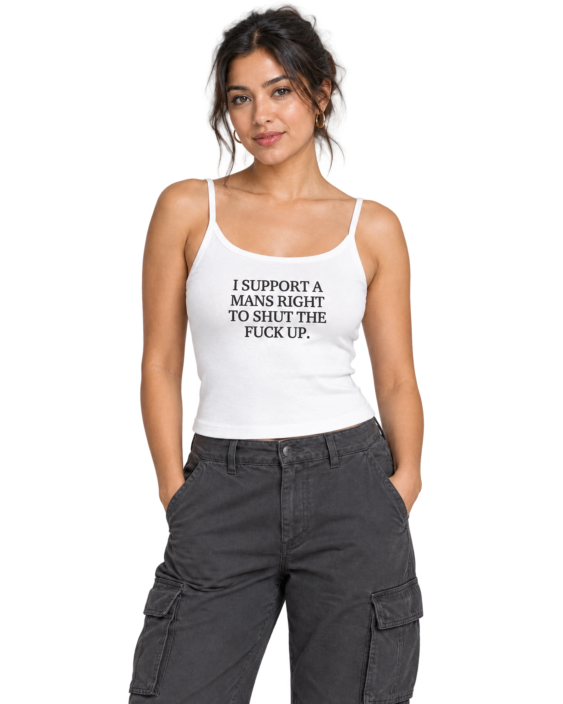 I Support A Mans Right To Shut The Fuck Up Spaghetti Strap Cami: Solid White Blend on model