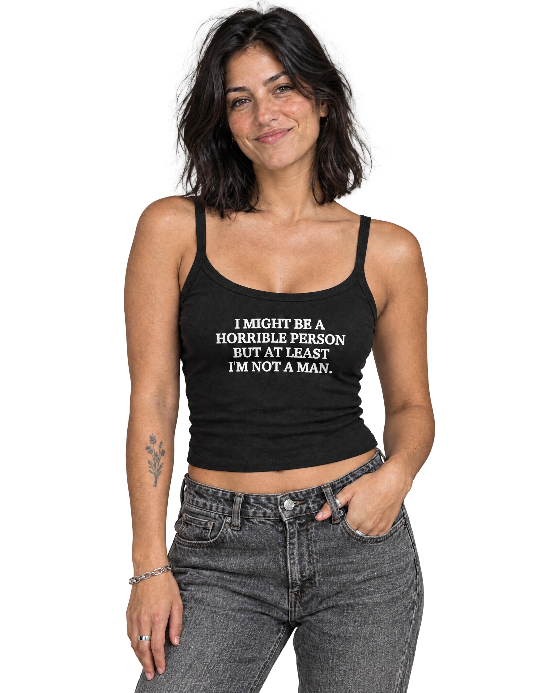 I Might Be A Horrible Person But At Least I'm Not A Man Spaghetti Strap Cami: Solid Black Blend on model