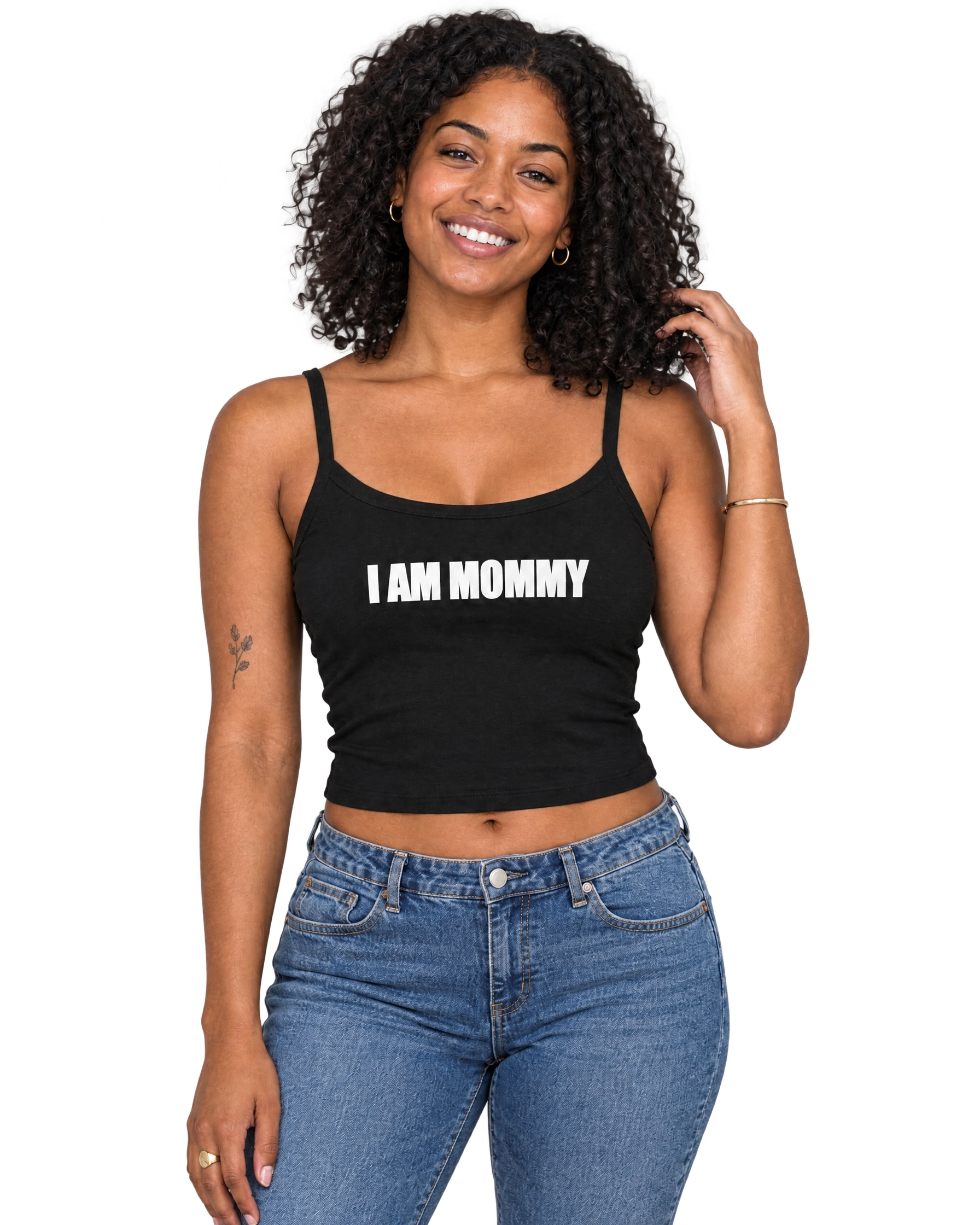 I Am Mommy Spaghetti Strap Cami: Solid Black Blend on model